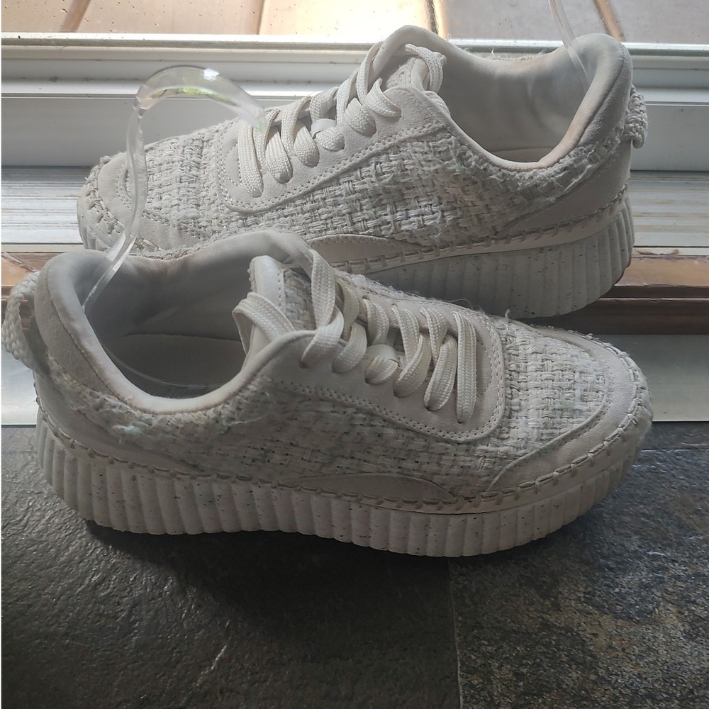 Womens Cream Tweed Platform Sneakers Whipstitch Detail Speckled Sole Size 6 - Picture 3 of 6
